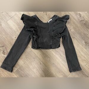 NA -KD Black Ruffle Long-Sleeve  Denim Crop Top